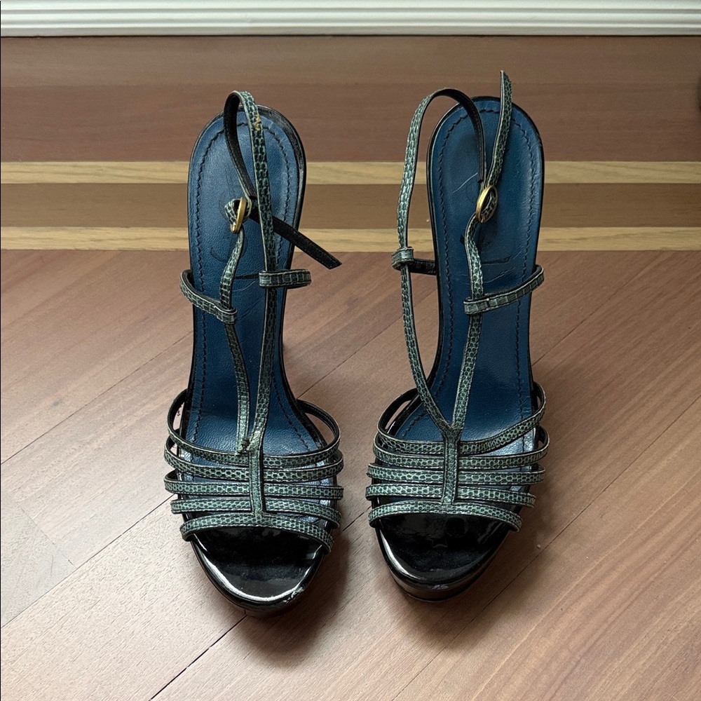 Yves Saint Laurent Black and Gray Strappy Heels